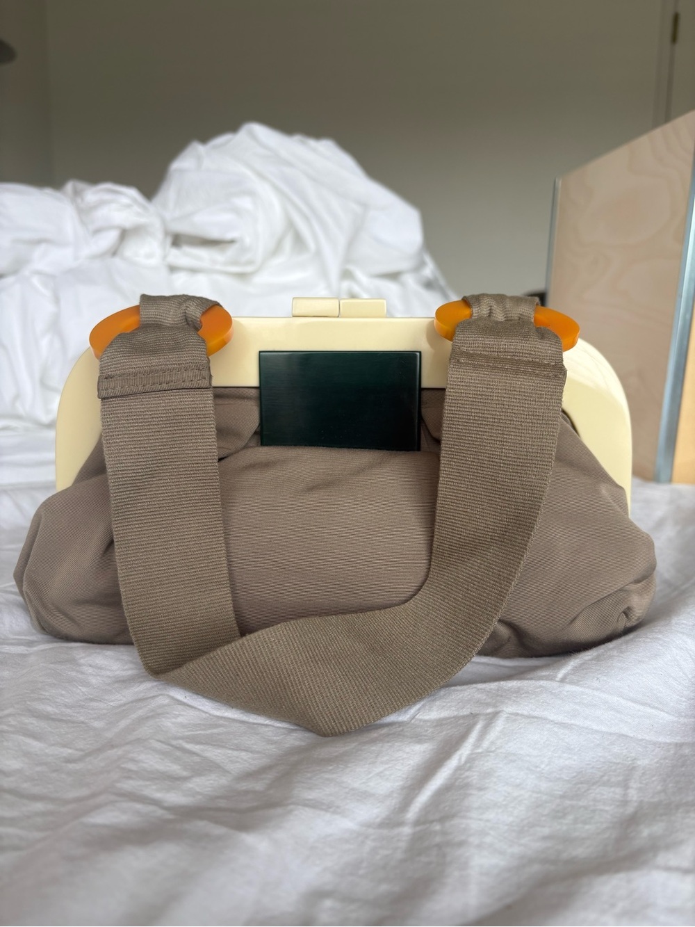 Small Taupe Canvas Frame Top-Handle Mini Bag with Cream Hardware